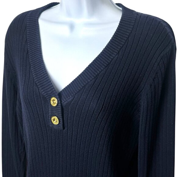 Lauren Jeans Company Navy Classic Ribbed V-Neck Henley Old Money Cabin Cozy L - Picture 3 of 10
